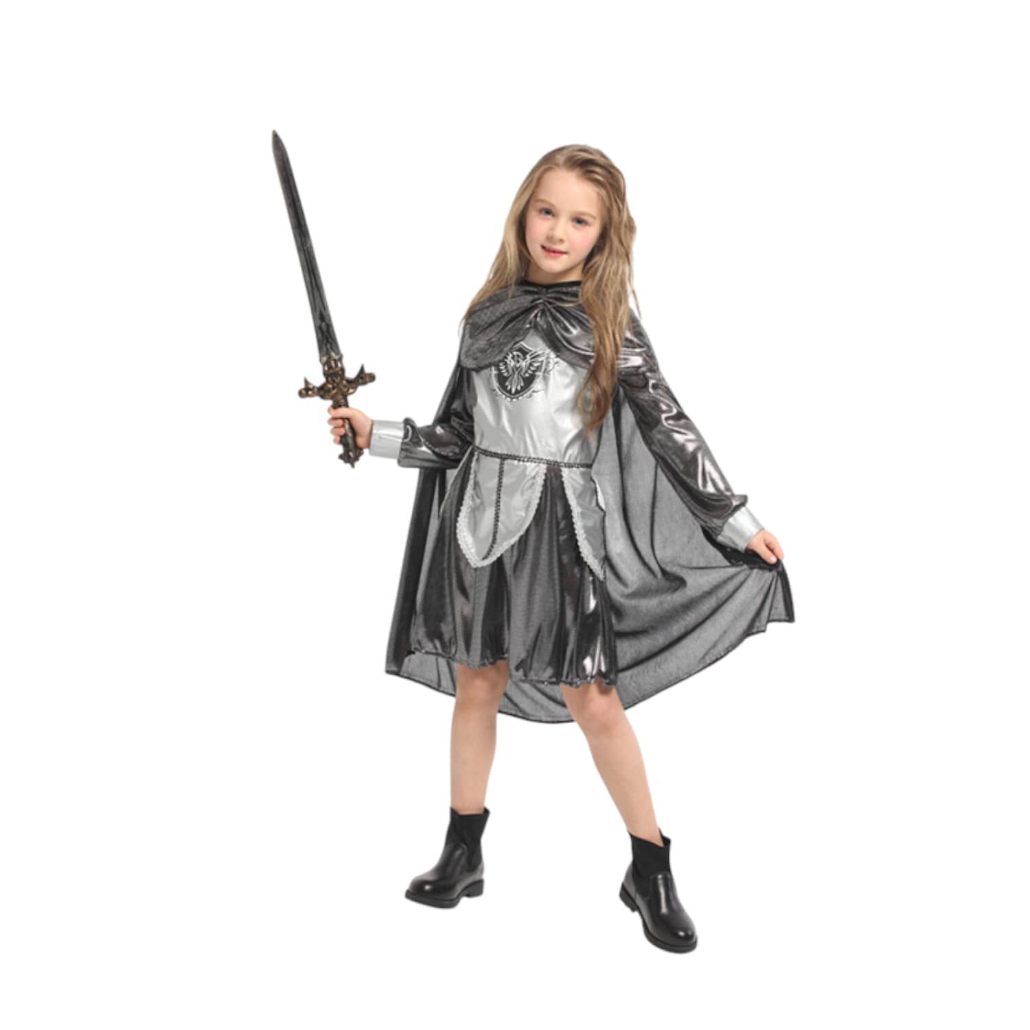 Disfraz Medieval De Guerrera Para Ni&ntilde;a Chile - Traje Plateado Con Capa Ideal Para Fiesta Y Halloween Nacional image number 3.0