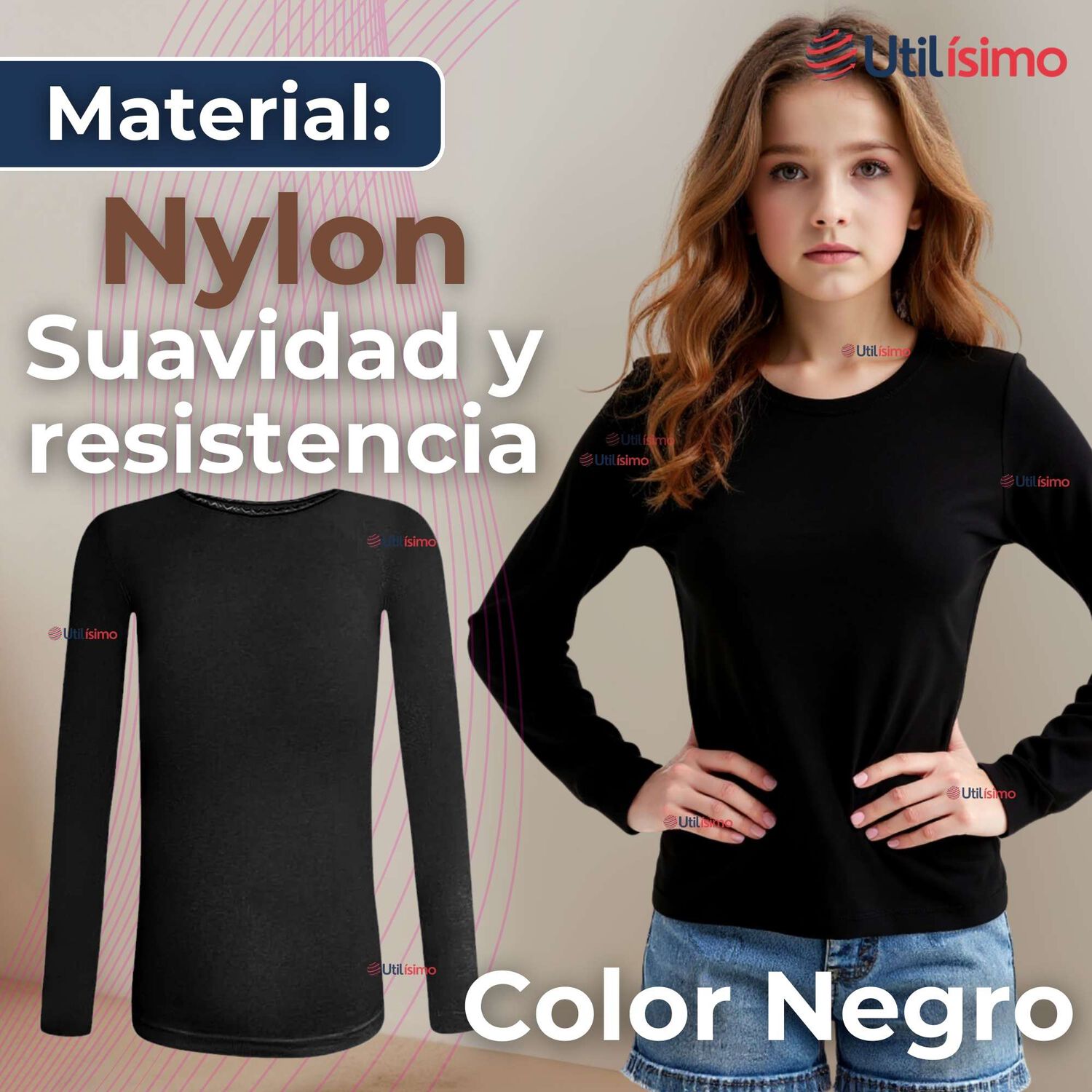 Camiseta De Panty El&aacute;stica Manga Larga Segunda Piel Ni&ntilde;a Nylon Negro image number 3.0