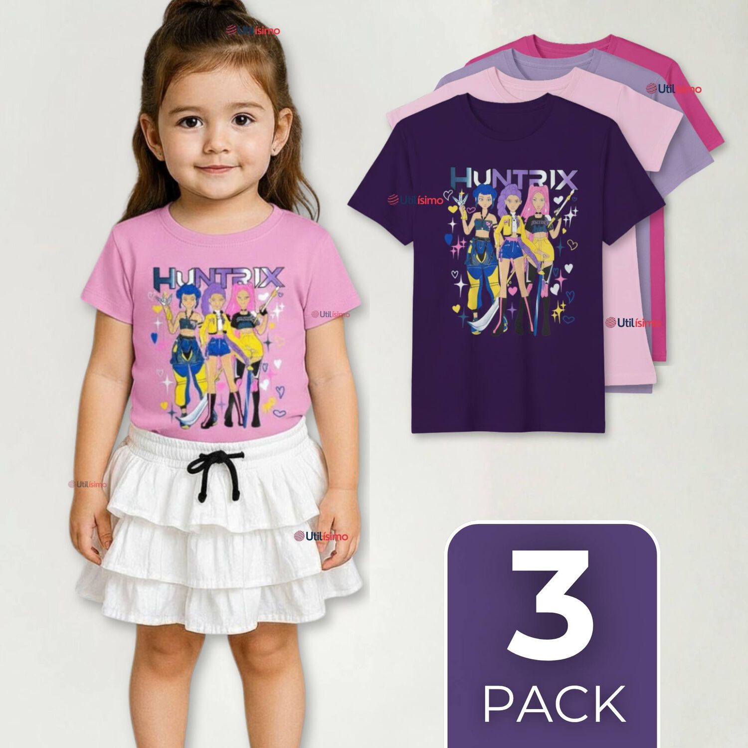 Pack 3 Poleras Huntrix 100% Algod&oacute;n Manga Corta Ni&ntilde;a Huntr/x Demon Hunters Rumi Mira Zoey image number 0.0
