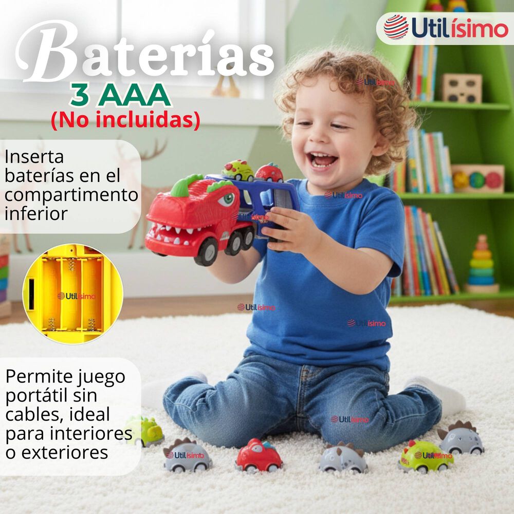 Cami&oacute;n Dinosaurio Con M&uacute;sica Luces Funci&oacute;n De Spray + 8 Mini Coches image number 3.0