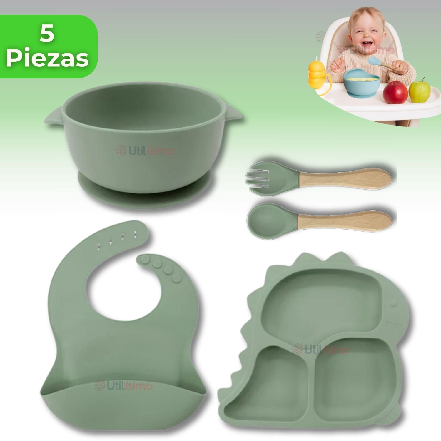 Set Alimentaci&oacute;n Silicona Beb&eacute; 5 Piezas Dinosaurio Libre Bpa Color Verde image number 0.0