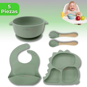 Set Alimentaci&oacute;n Silicona Beb&eacute; 5 Piezas Dinosaurio Libre Bpa Color Verde
