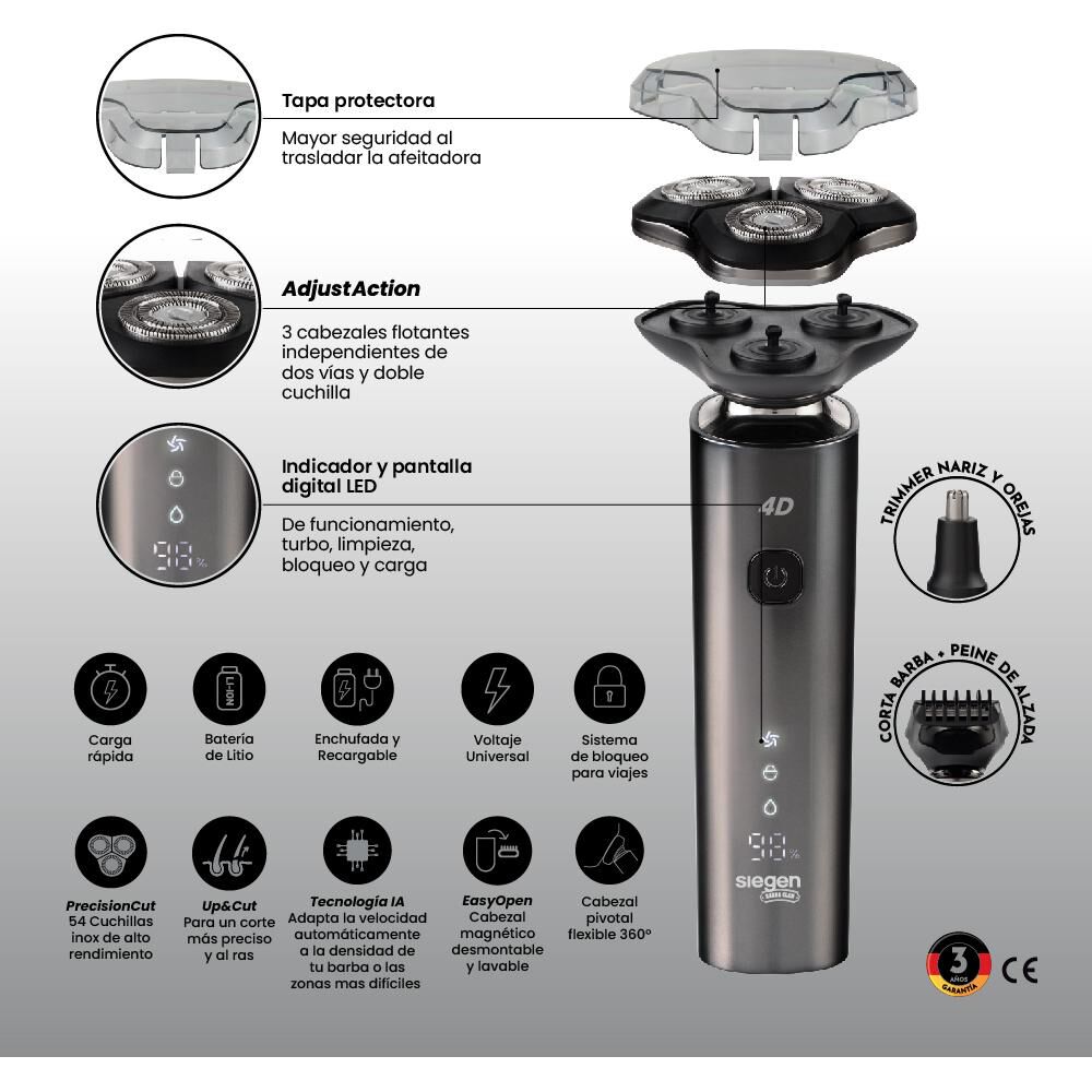 Máquina De Afeitar Siegen SG-7220 3 en 1 Uso Húmedo/Seco, 4D + Accesorios image number 6.0