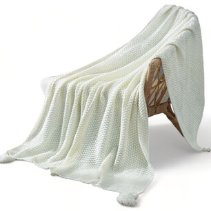 Manta Nordica Con Borlas Tejida Decorativa 130cm X 190cm Color Crema