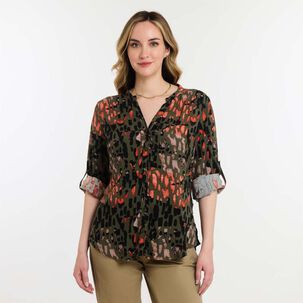 Blusa Full Print Manga Larga Roll Up Cuello V Mujer Geeps