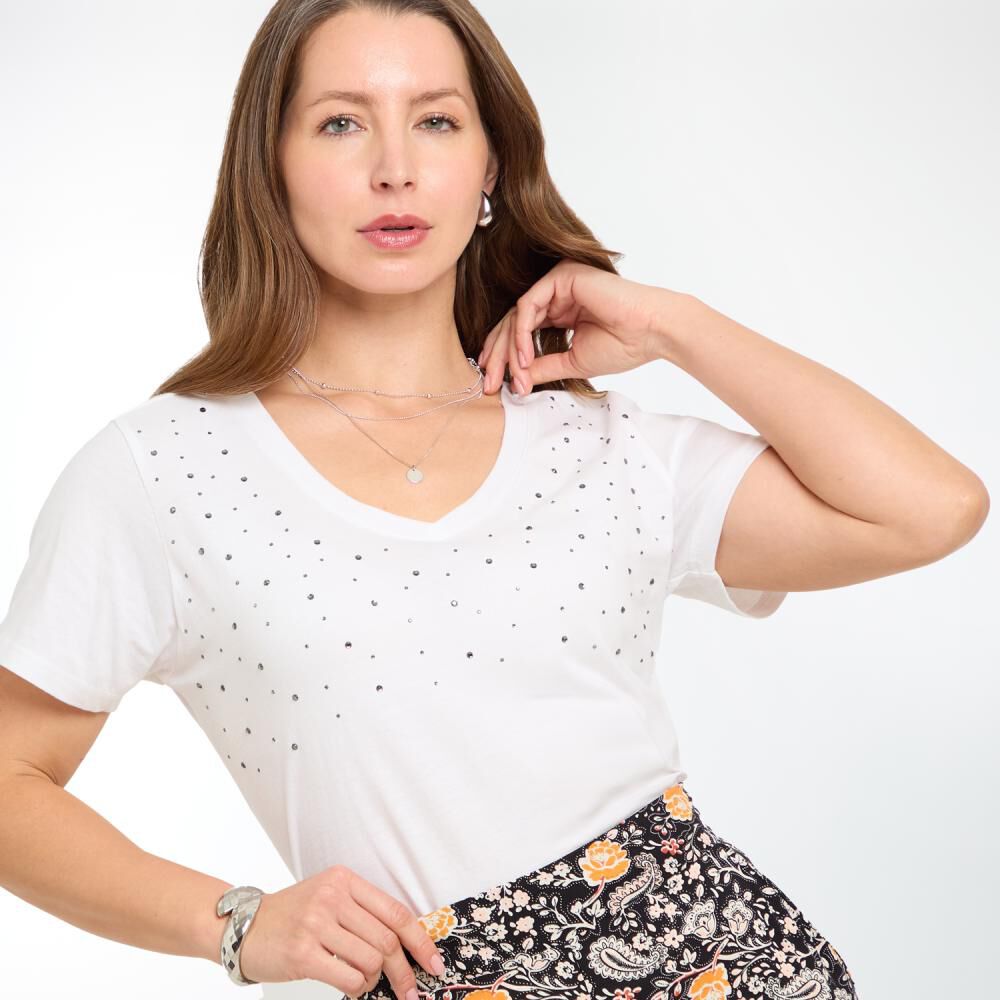 Polera Lisa Aplicación Strass Manga Corta Cuello V Mujer Geeps image number 4.0