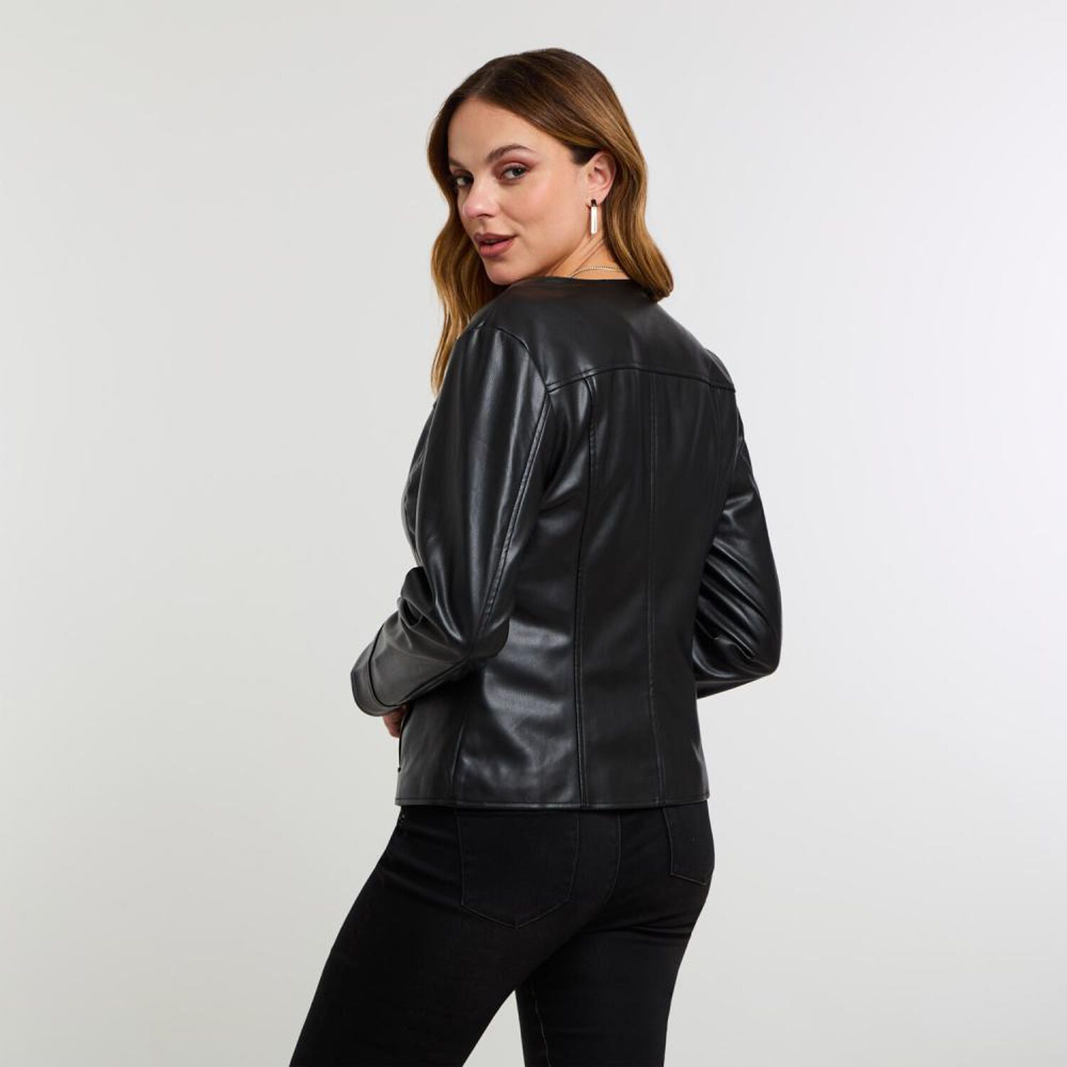 Chaqueta Ecocuero Abotonada Cuello Mao Mujer Kimera image number 3.0