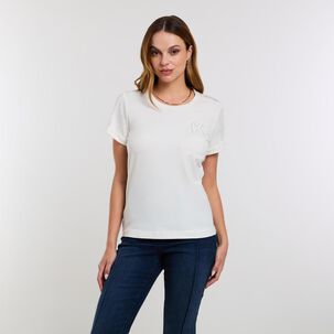 Polera Lisa Aplicación Lace Manga Corta Cuello Redondo Mujer Kimera