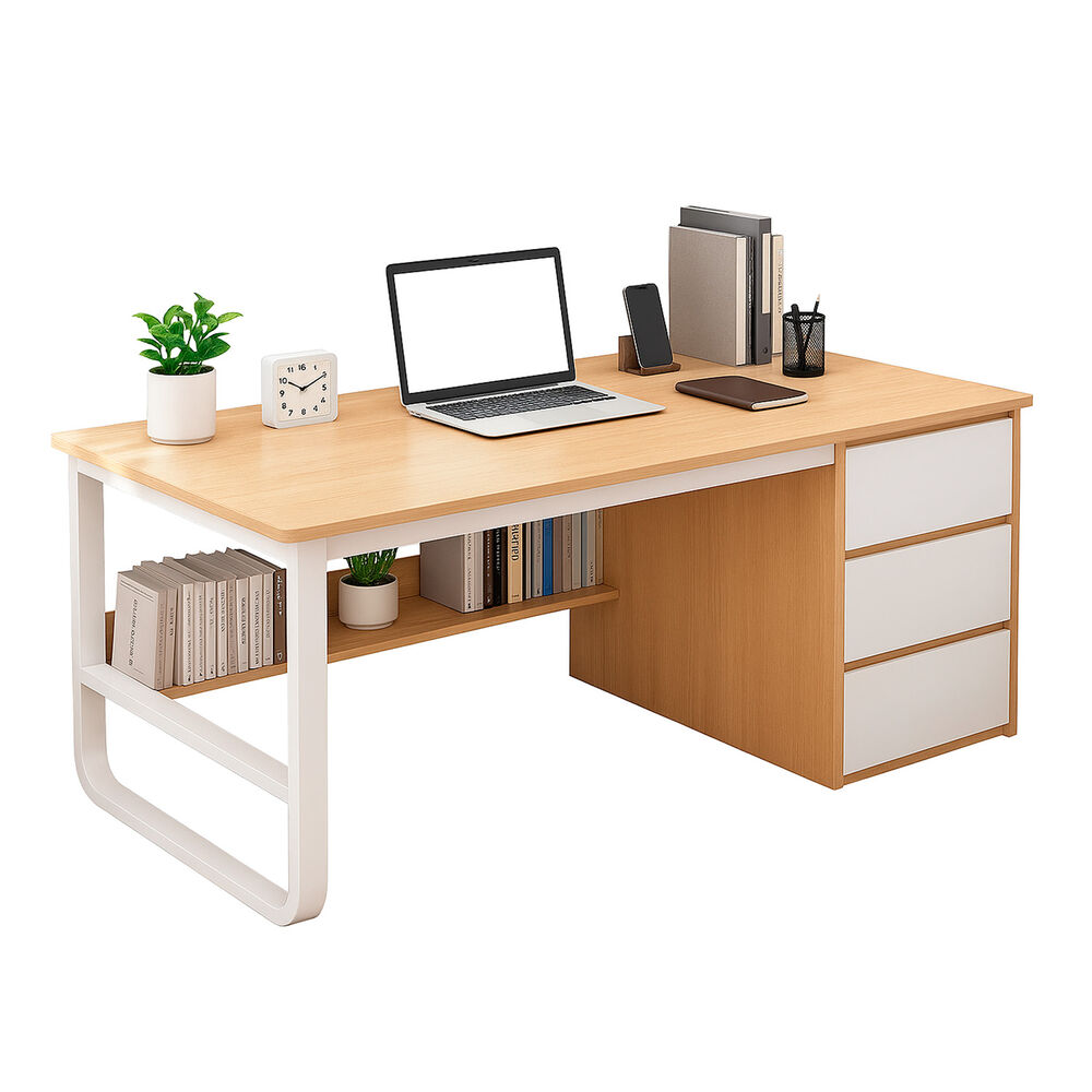 Escritorio Con 3 Cajones Y Estante Librero Madera Blanco Oficina image number 0.0