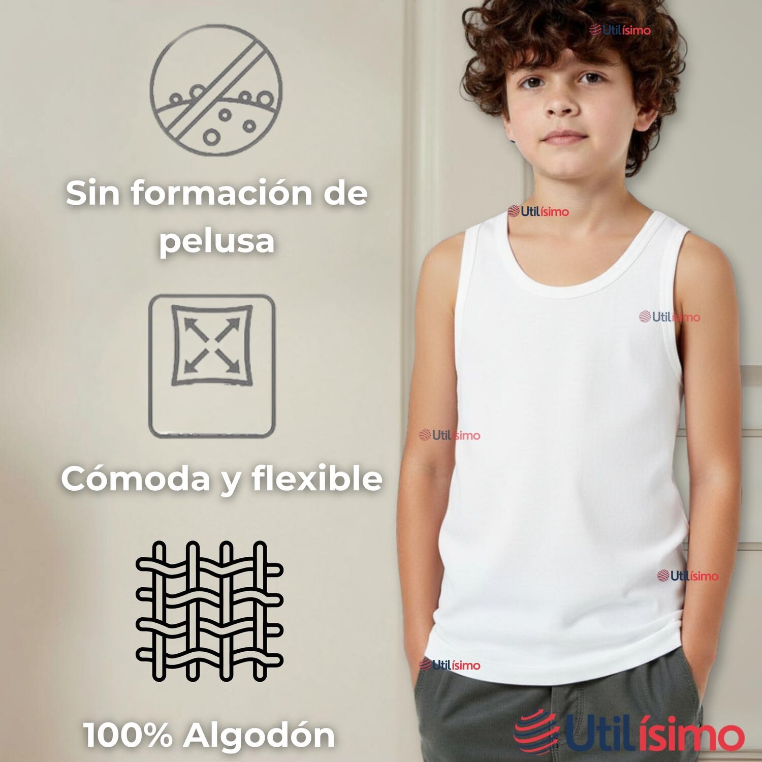Camiseta Sin Manga B&aacute;sica Suave 100% Algod&oacute;n Blanco Ni&ntilde;o image number 7.0
