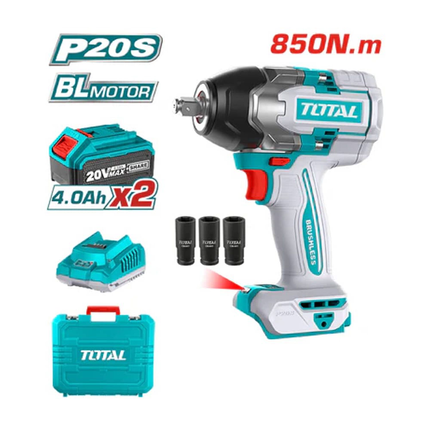 Llave De Impacto 1/2" 850 Nm Industrial Brushless Con 2 Bater&iacute;as 4ah, 3 Dados Y Cargador Total image number 0.0