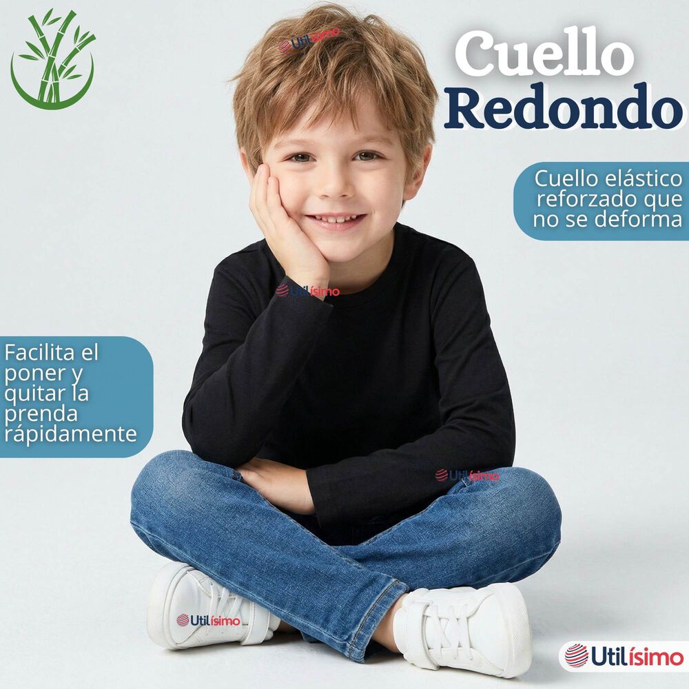 Polera Camiseta Bamb&uacute; Negra Cuello Redondo Primera Capa Manga Larga Ni&ntilde;o image number 6.0