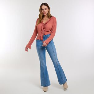 Jeans Abotonado Con L&iacute;nea Frontal Tiro Alto Flare Mujer Kimera
