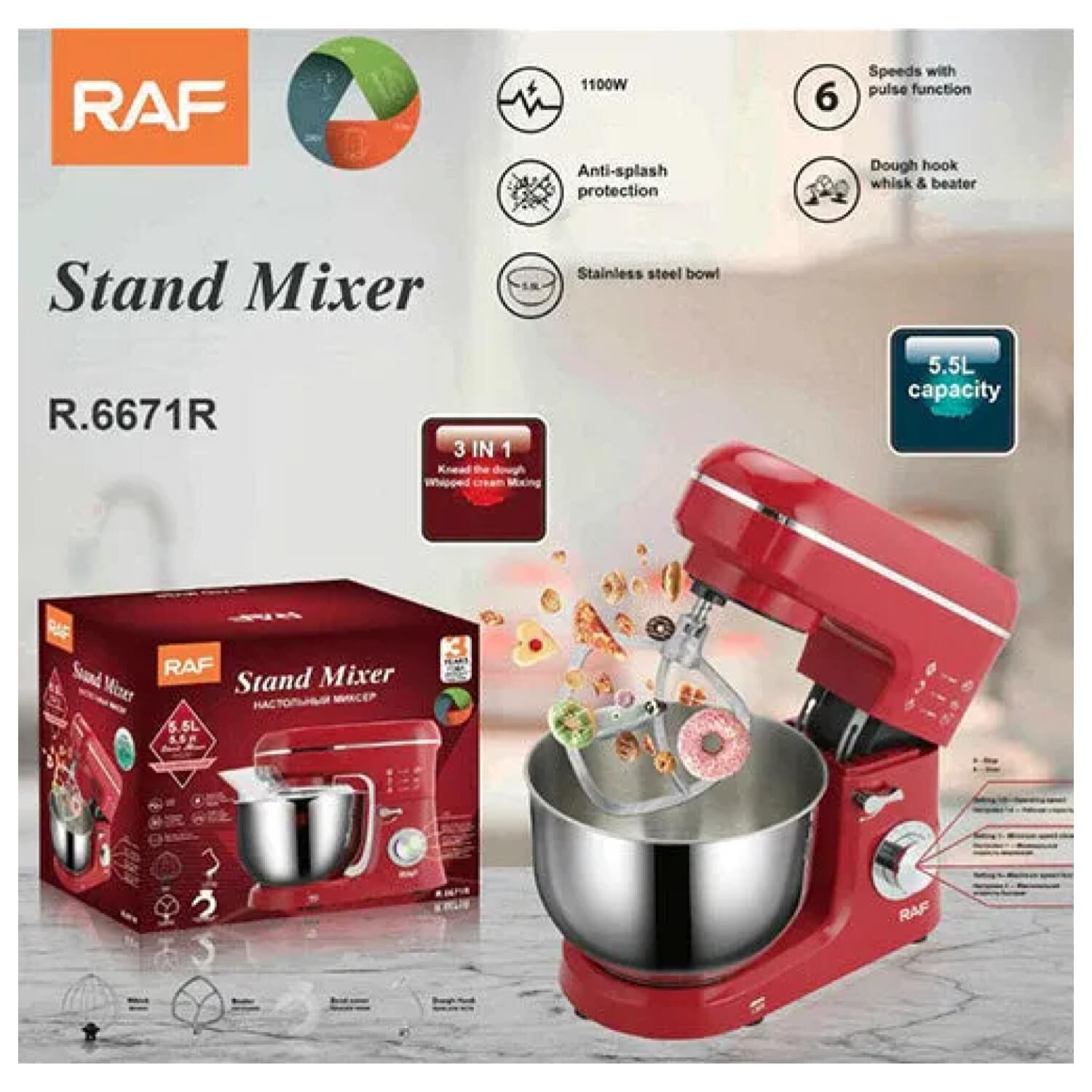 Batidora De Pie Bowl 5.5l 1100w Rojo R6671 Raf image number 2.0