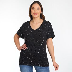 Polera Regular Aplicaci&oacute;n Folia Manga Corta Cuello V Mujer Sexy Large