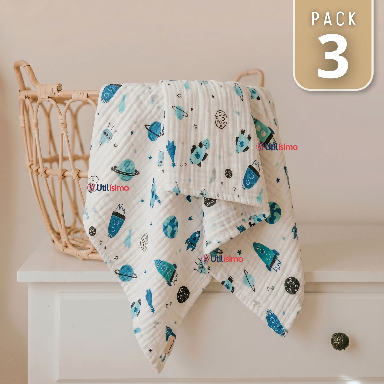 Pack 3 Mantas Muselina 70x 70 Cm Beb&eacute; Ni&ntilde;o Multiuso 100% Algod&oacute;n Colores Surtidos image number 0.0