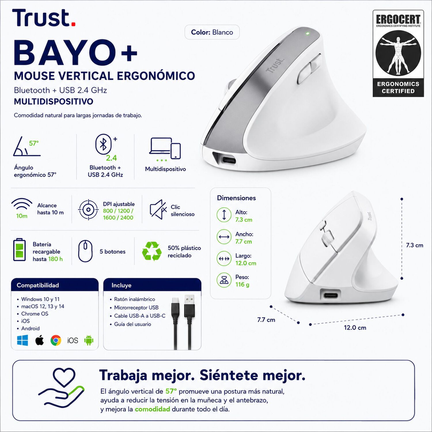 Mouse Vertical Inal&aacute;mbrico Dual Ergon&oacute;mico Trust Bayo+ White image number 6.0