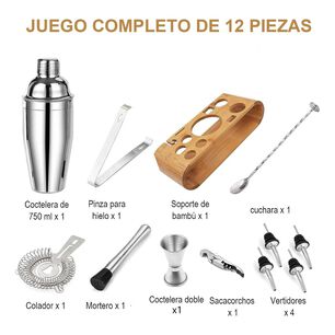 Kit Cocteler&iacute;a 12 Pzs Acero Inoxidable Coctelera 750ml