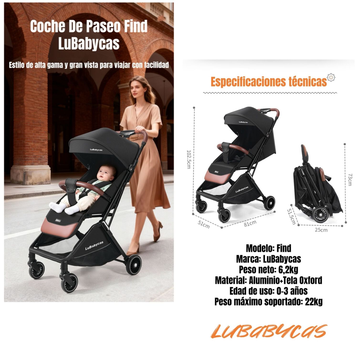 Coche De Paseo Lubabycas Elegante De Aluminio 0-3 A&ntilde;os Find image number 6.0