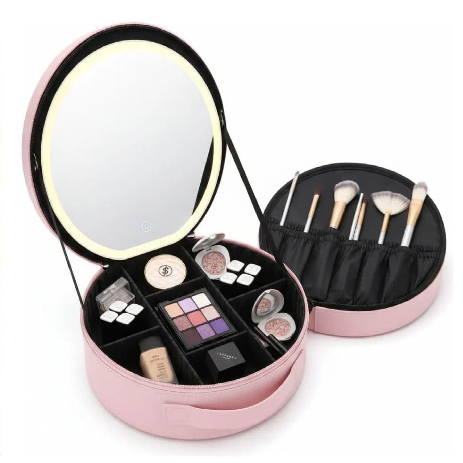 Cosmetiquero Redondo Con Espejo Y Luz Led Color Negro. image number 0.0