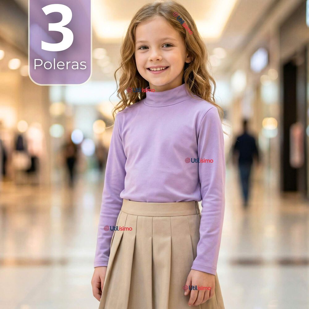 Pack 3 Poleras Camisetas Bamb&uacute; Lilas Cuello Beatle Primera Capa Manga Larga Ni&ntilde;a image number 0.0