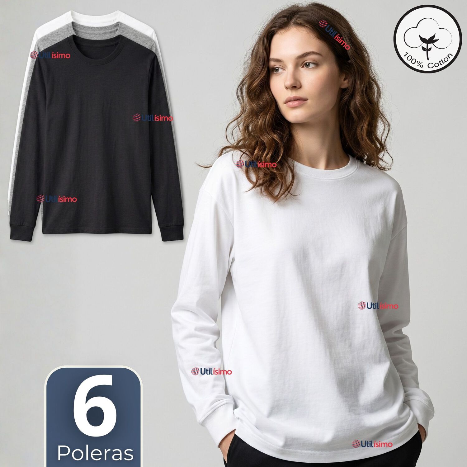 Pack 6 Camisetas Poleras Algod&oacute;n Manga Larga Cuello Redondo Primera Capa Mujer image number 0.0