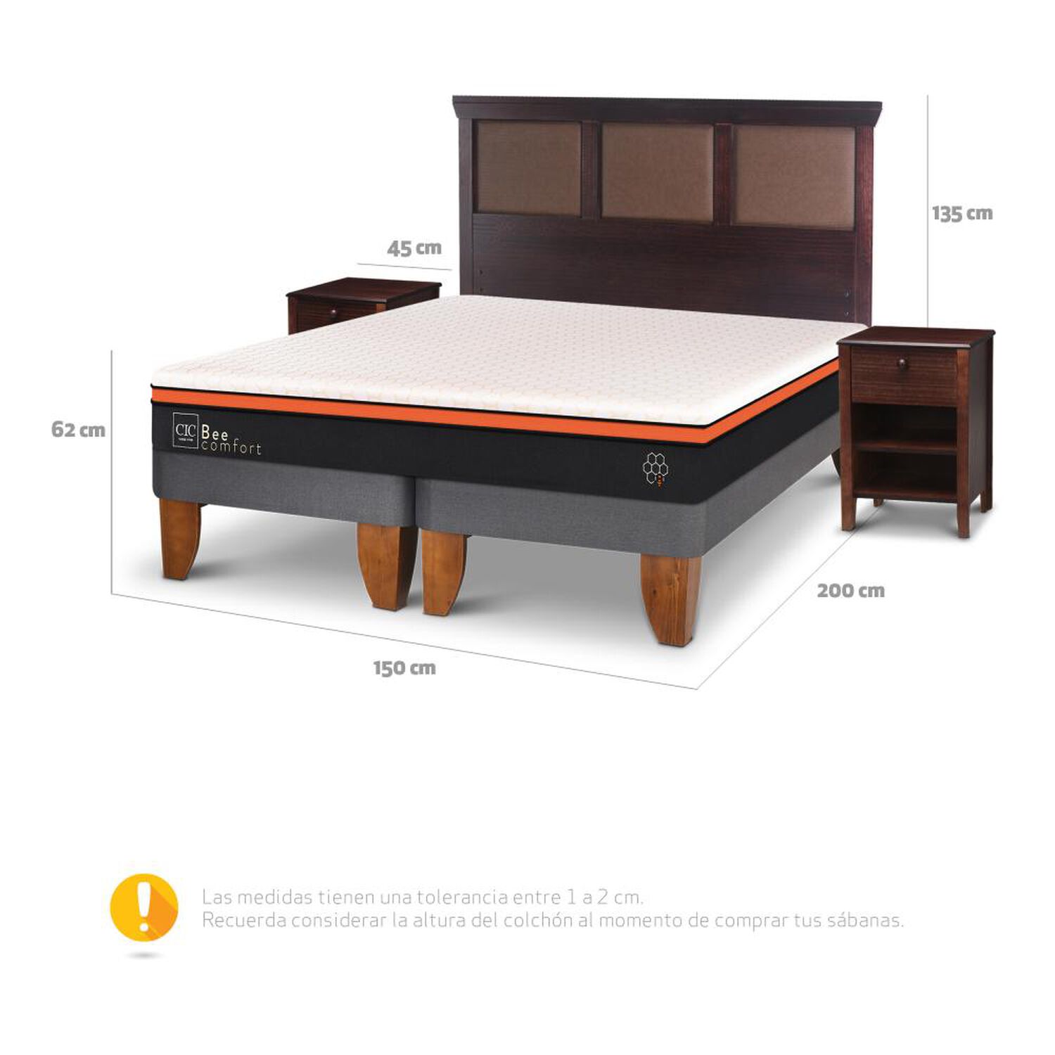 Cama Europea Cic Bee Comfort / 2 Plazas / Base Dividida + Set De Maderas image number 2.0