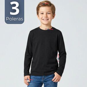 Pack 3 Poleras Camisetas Bamb&uacute; Negra Cuello Redondo Primera Capa Manga Larga Ni&ntilde;o