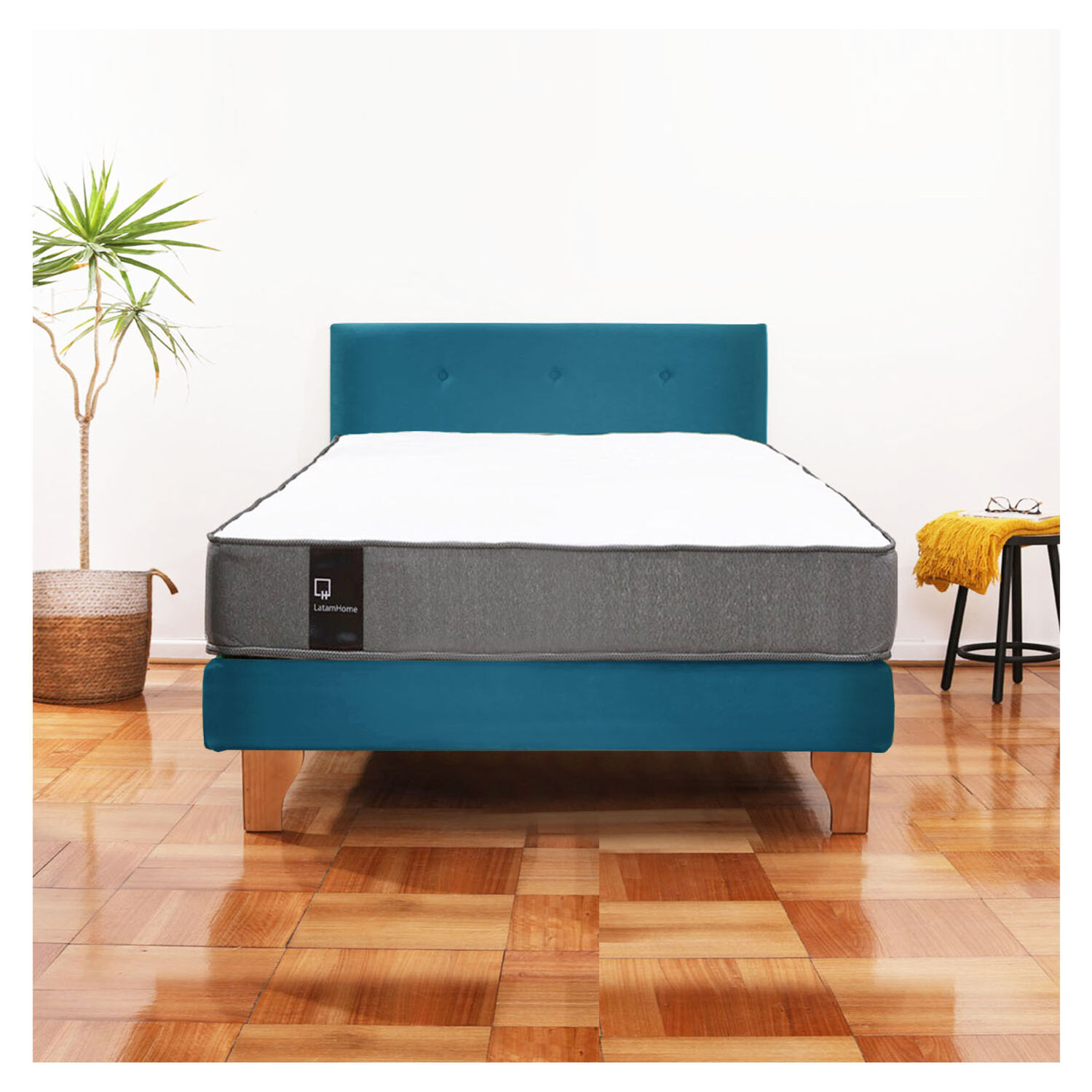 Cama Europea Zen Best 1.5 Plaza Tela Velvet Azul Petroleo + Respaldo image number 0.0