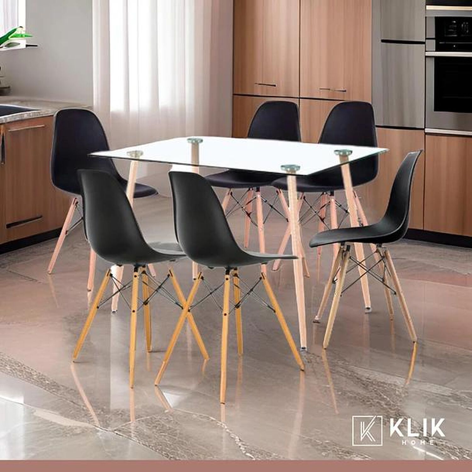 Comedor Mesa De Vidrio Rectangular 120x80 + 6 Sillas Eames Negras image number 1.0