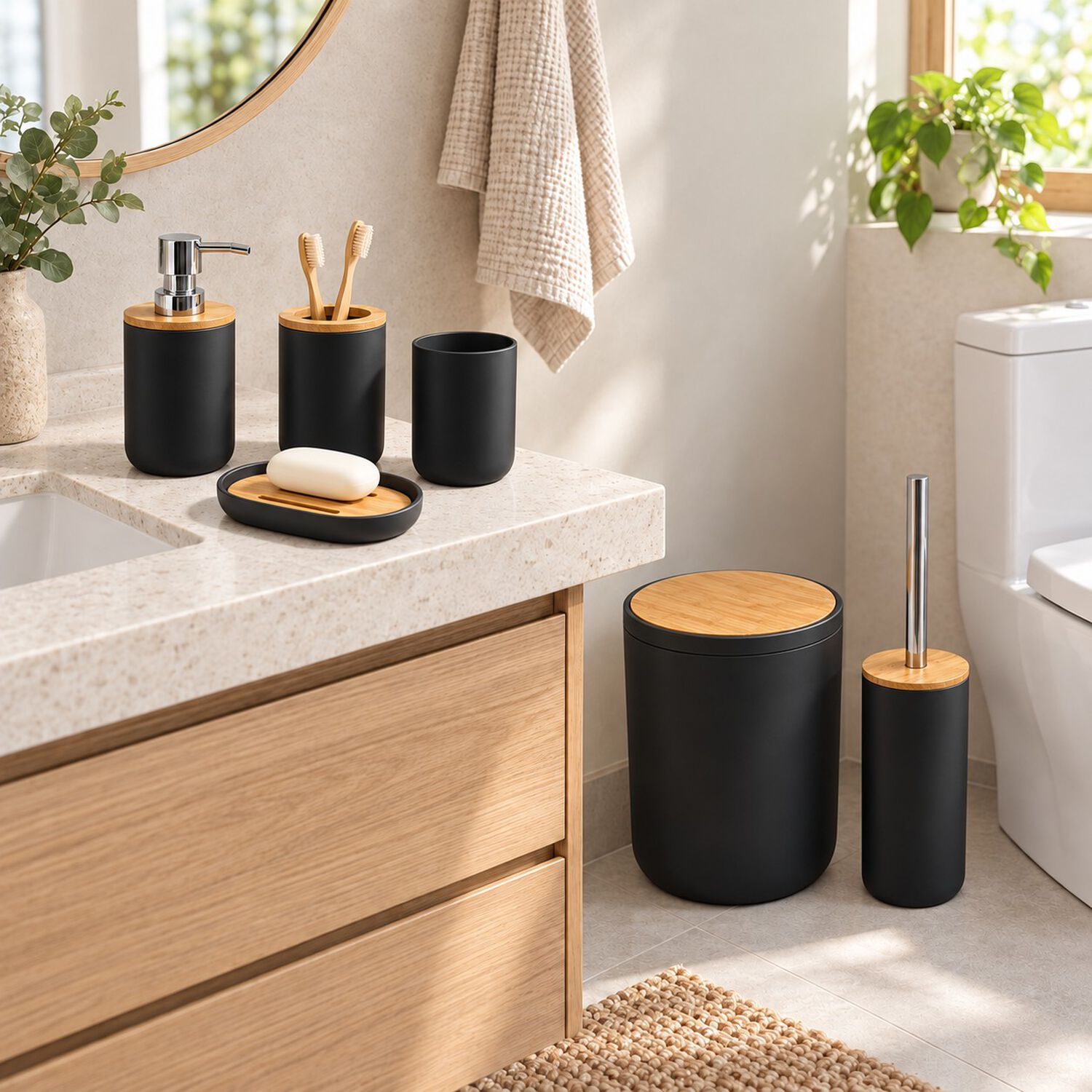 Set De Ba&ntilde;o 6 Piezas Moderno Con Bamb&uacute; Incluye Basurero Y Dispensador Color Negro image number 3.0