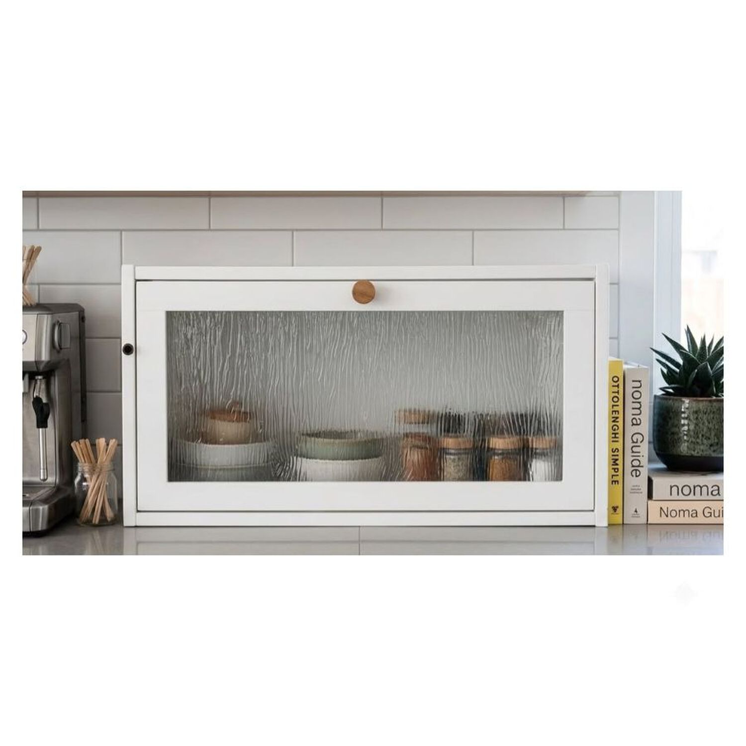 Panera Metal Blanca Tapa Abatible Vidrio Texturado Cocina Moderna image number 4.0