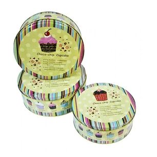 Set De 3 Canister Redondos De Metal Dise&ntilde;o Cupcakes