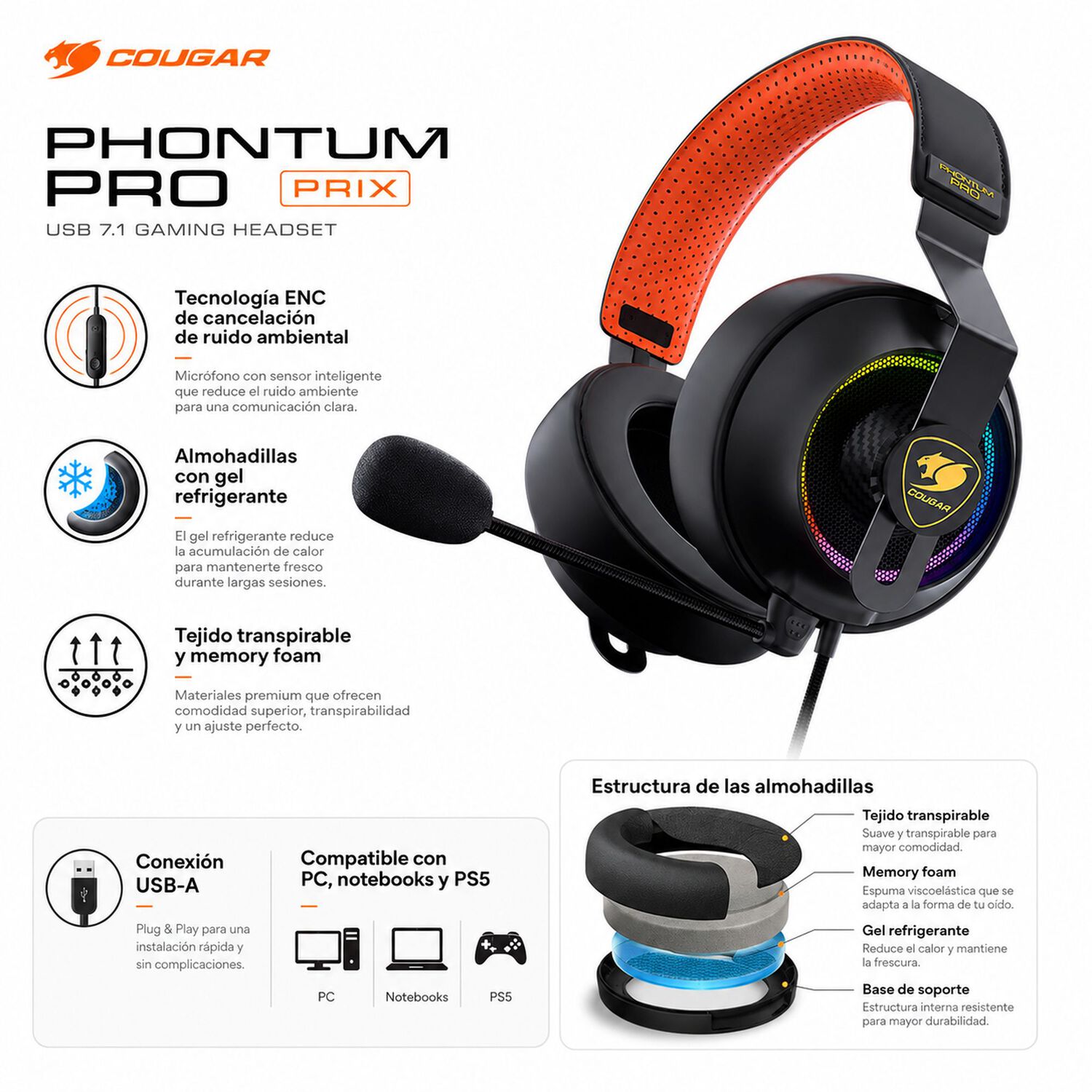 Audifonos Cougar Phontum Pro Prix Usb 7.1 Multiplataformas image number 5.0
