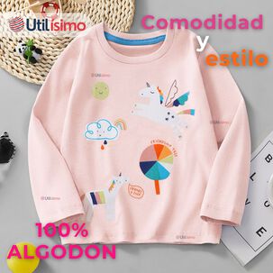 Polera Manga Larga Ni&ntilde;a 100% Algod&oacute;n Dinosauro Unicornio Rosado Camiseta