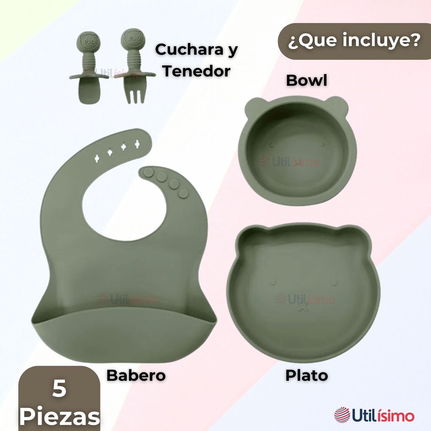 Set De Alimentaci&oacute;n Beb&eacute; Silicona 5 Piezas De Osito Libre Bpa Color Verde image number 3.0