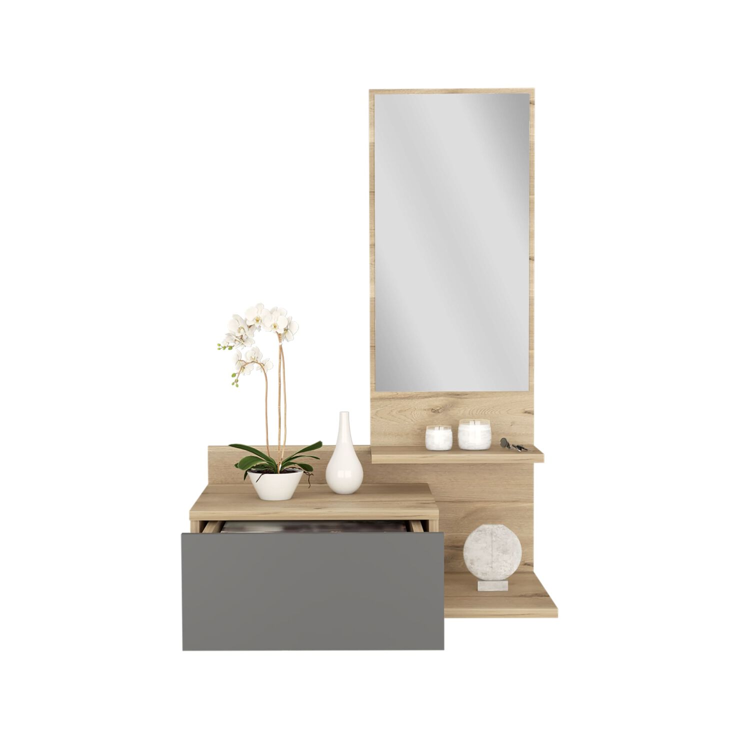 Mueble Recibidor Pared Con Espejo 1 Cajon Fm-002c - Caf&eacute; Claro image number 2.0