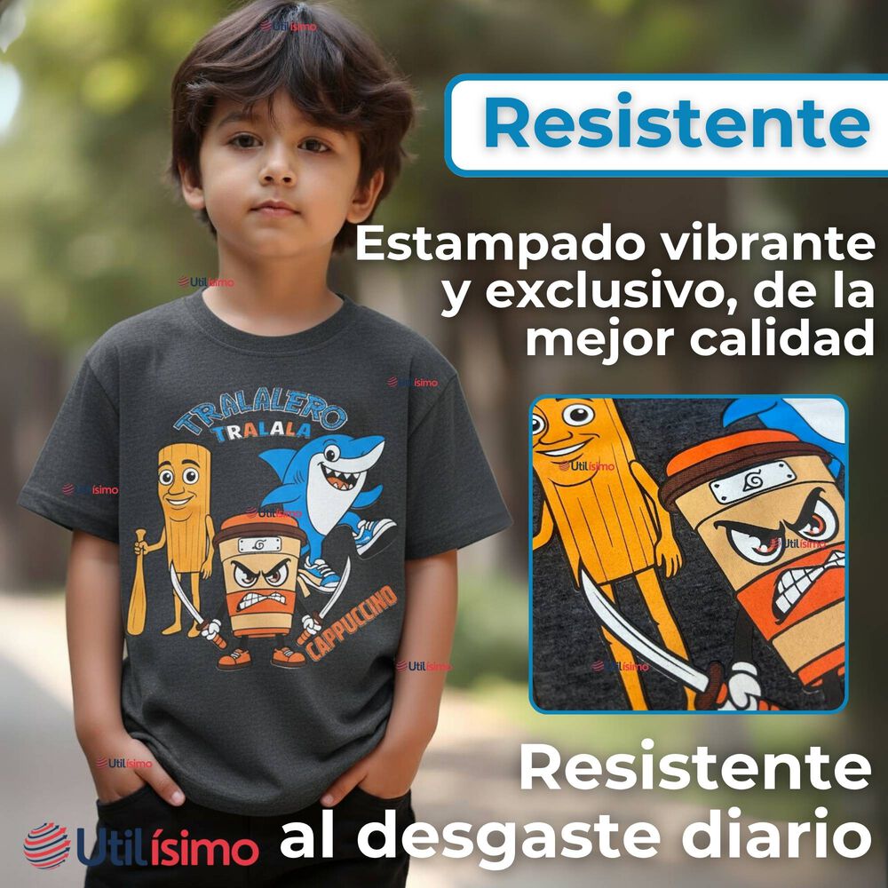 Polera Brainrots 100% Algodón Manga Corta Niño Tralalero Gris Oscuro image number 3.0