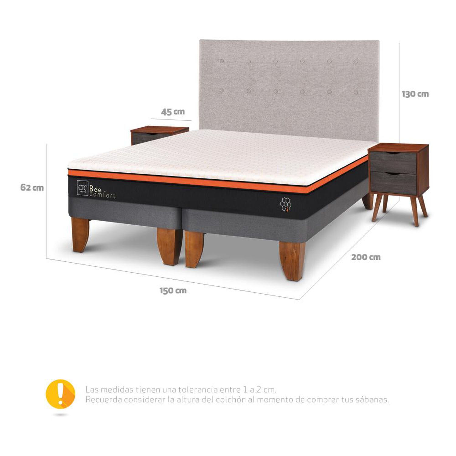 Cama Europea Cic Bee Comfort / 2 Plazas / Base Dividida + Set De Maderas image number 2.0