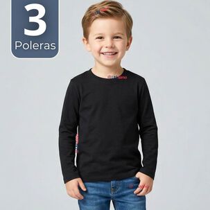 Pack 3 Poleras Camisetas Bamb&uacute; Negra Cuello Redondo Primera Capa Manga Larga Ni&ntilde;o