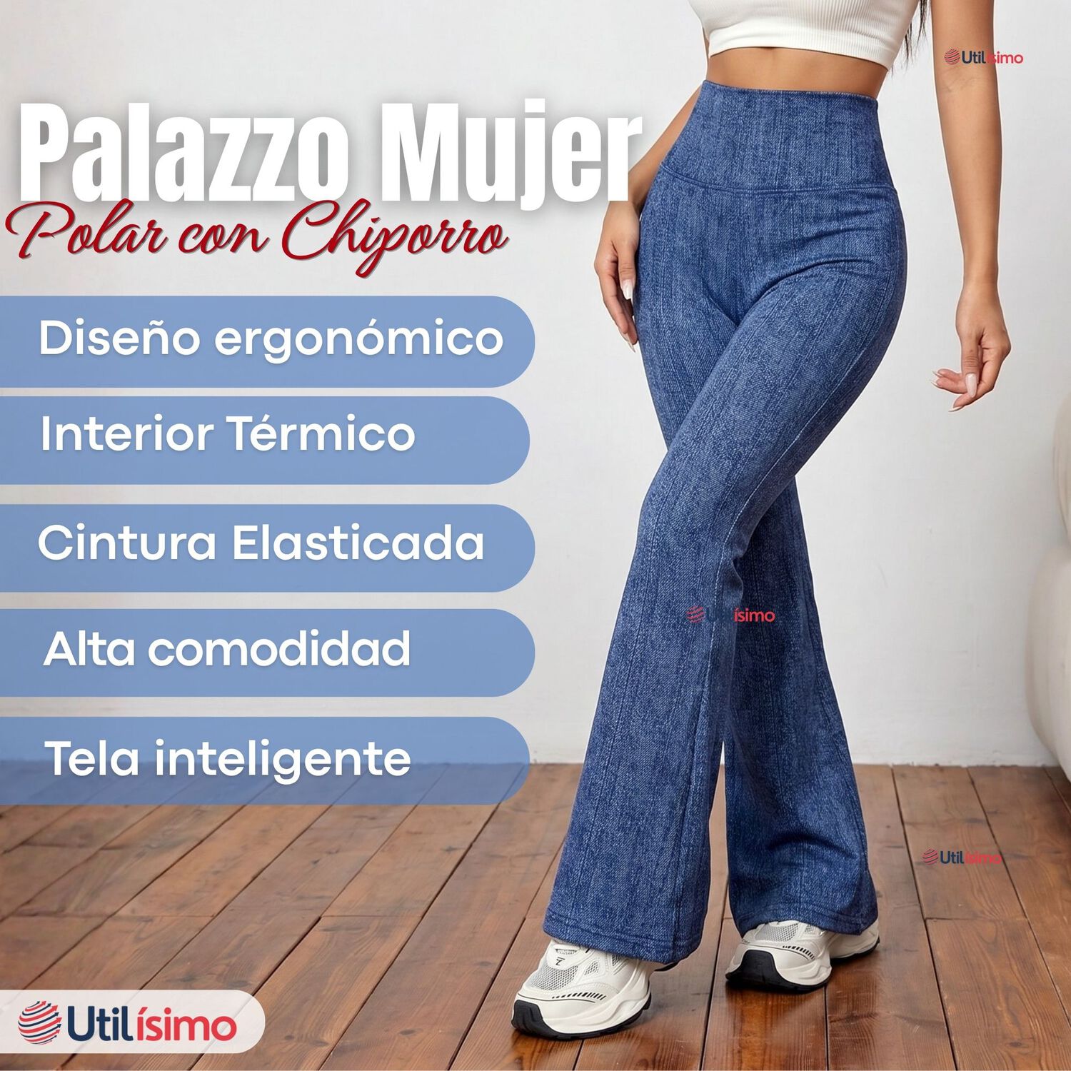 Calza Pantal&oacute;n Polar Con Chiporro Palazzo Mujer Elasticada T&eacute;rmica Azul Jeans image number 2.0