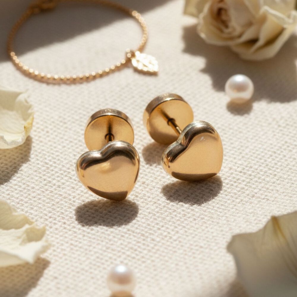 Aros Coraz&oacute;n Abridores 5x5mm Oro 14k A Presi&oacute;n Beb&eacute; Ni&ntilde;a Hipoalerg&eacute;nicos image number 1.0