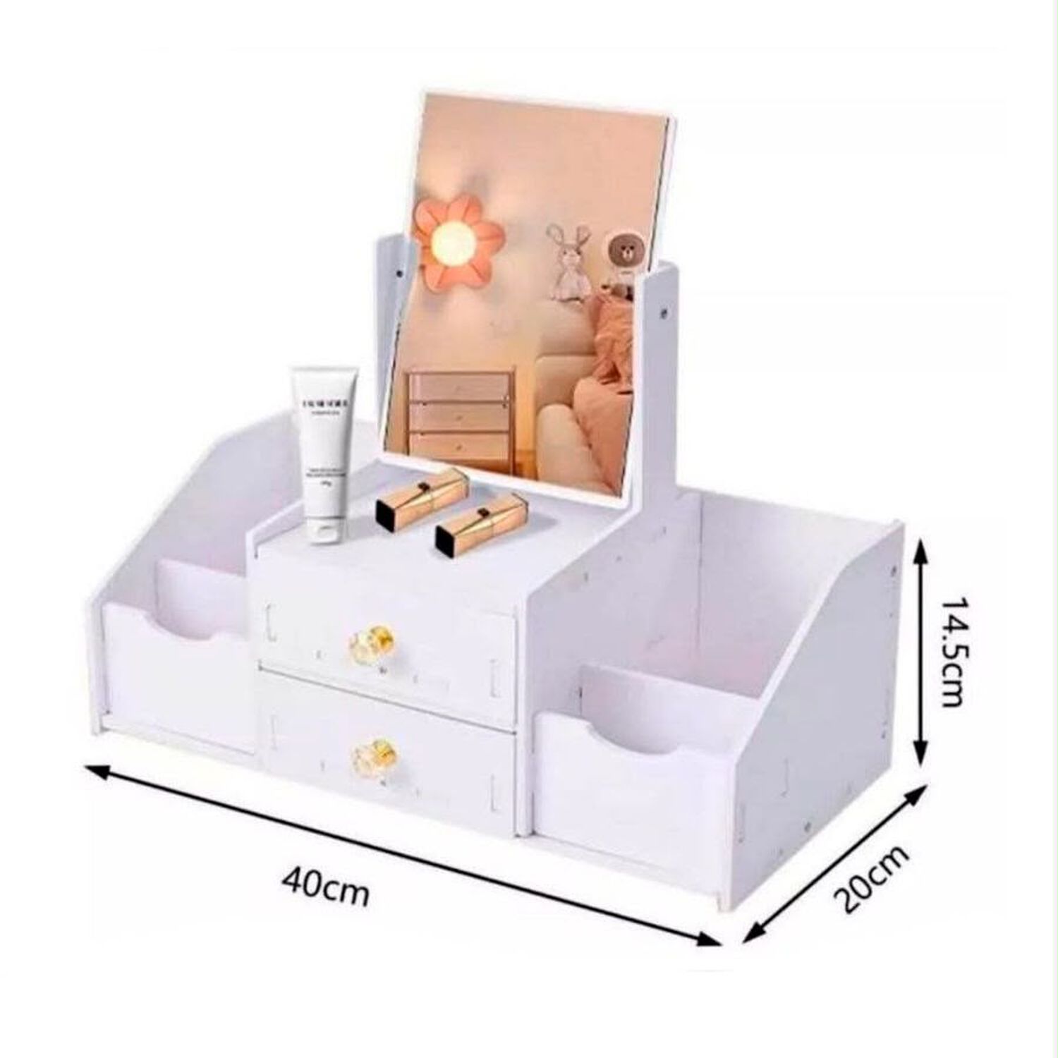 Organizador De Cosm&eacute;ticos Multifuncional Con Espejo 2 Cajones Rotaci&oacute;n 360 Blanco image number 1.0