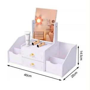Organizador De Cosm&eacute;ticos Multifuncional Con Espejo 2 Cajones Rotaci&oacute;n 360 Blanco