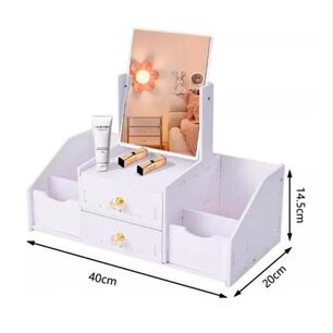 Organizador De Cosm&eacute;ticos Multifuncional Con Espejo 2 Cajones Rotaci&oacute;n 360 Blanco