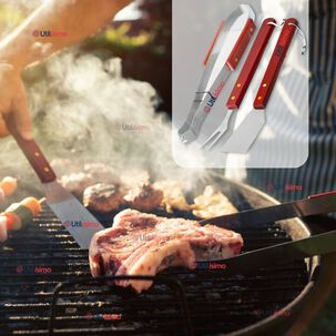 Kit Parrillero 3 Piezas Pinza Esp&aacute;tula Tenedor Para Asados Mango Madera Acero Inoxidable