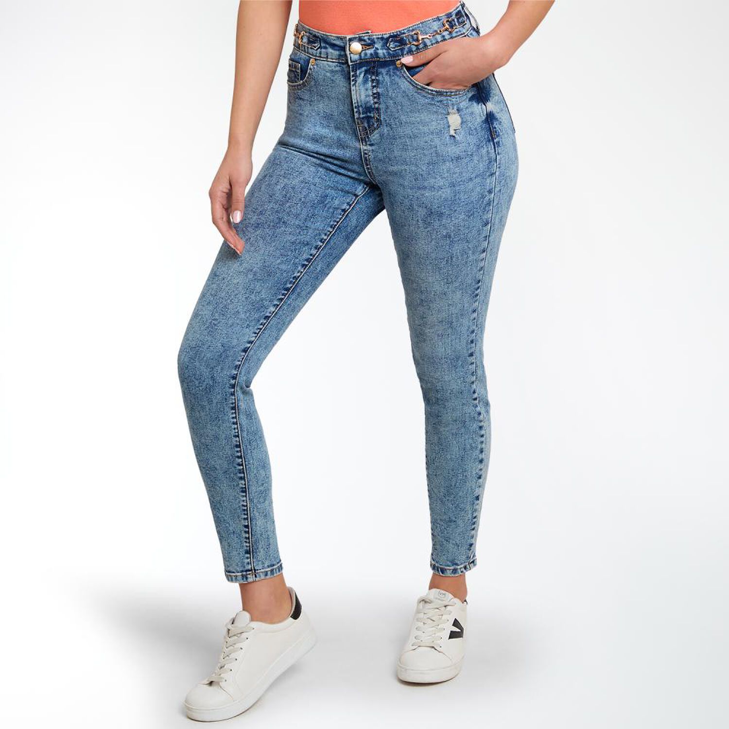 Jeans Con Hebilla Tiro Medio Skinny Mujer Kimera image number 2.0
