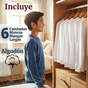 Pack 6 Camisetas Algod&oacute;n Manga Larga Polera Primera Capa Blanco Ni&ntilde;o