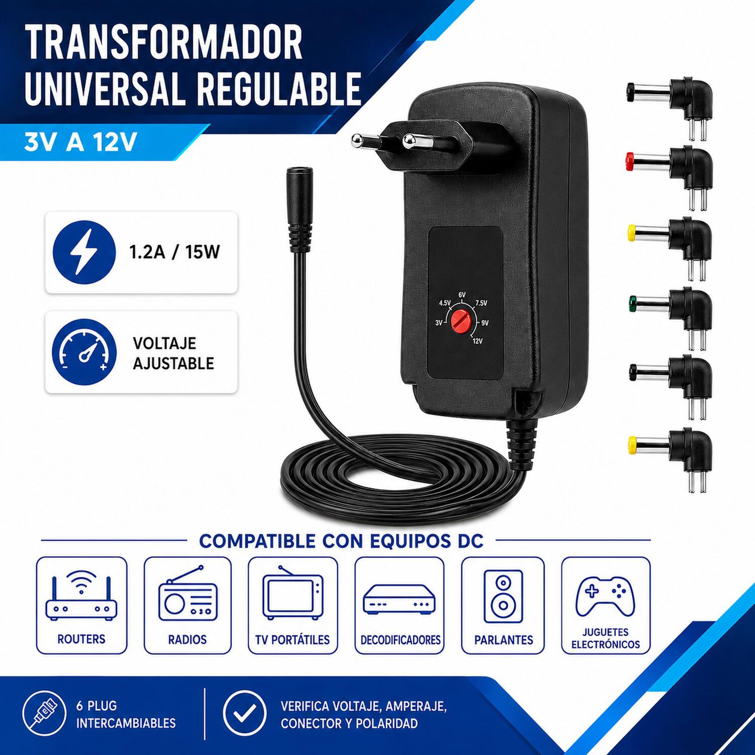 Transformador 12v Regulables 1.2a / 15w + 6 Plug Universales image number 4.0