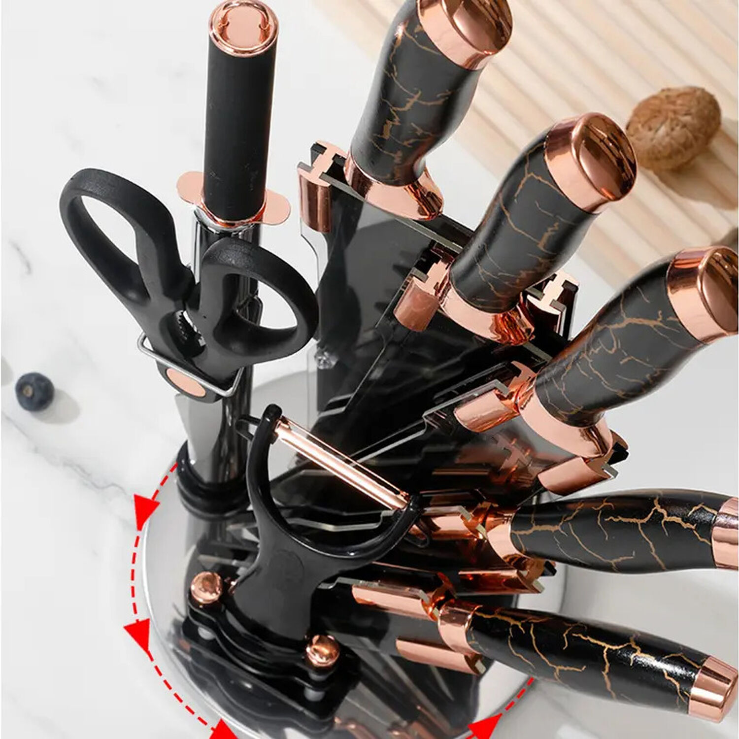 Set Cuchillos De Cocina 9 Piezas Con Base Giratoria Marmoleado Negro Dorado image number 7.0